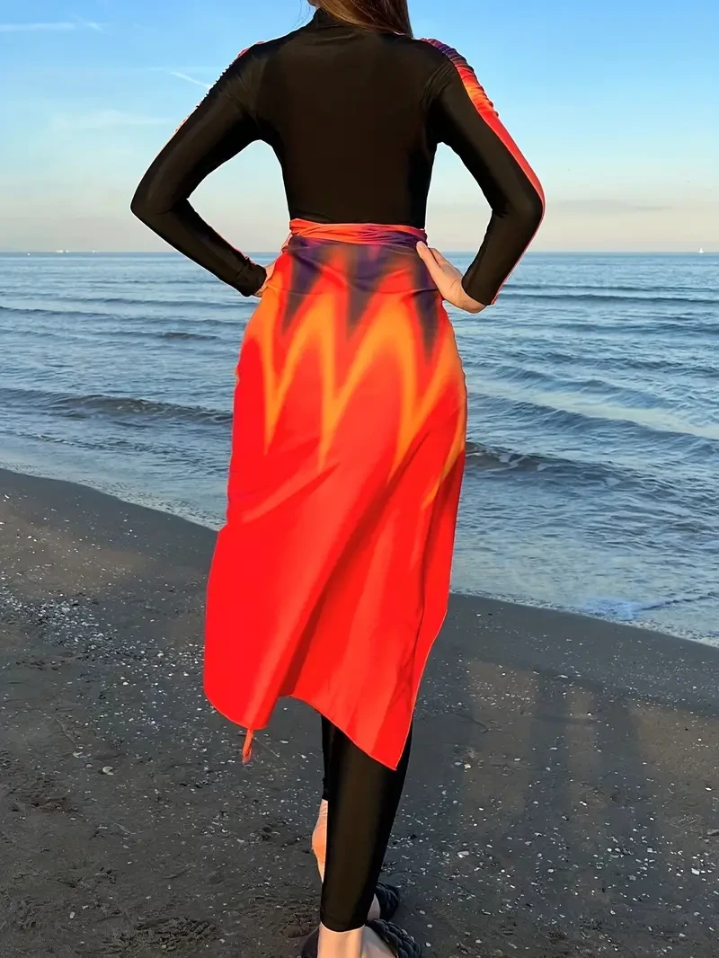 Women's 3-Piece Swimwear Set with Long Sleeve Flame-Print One-Piece, Side-Tie Cover-Up & Zippered Neckline – Chic Beach Ensemble