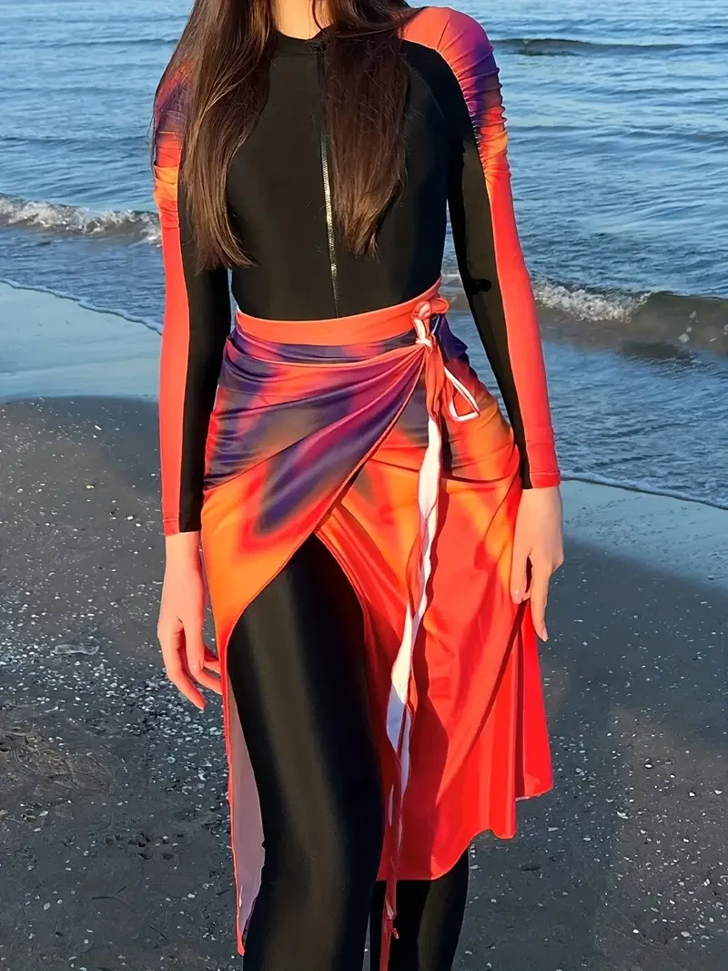 Women's 3-Piece Swimwear Set with Long Sleeve Flame-Print One-Piece, Side-Tie Cover-Up & Zippered Neckline – Chic Beach Ensemble