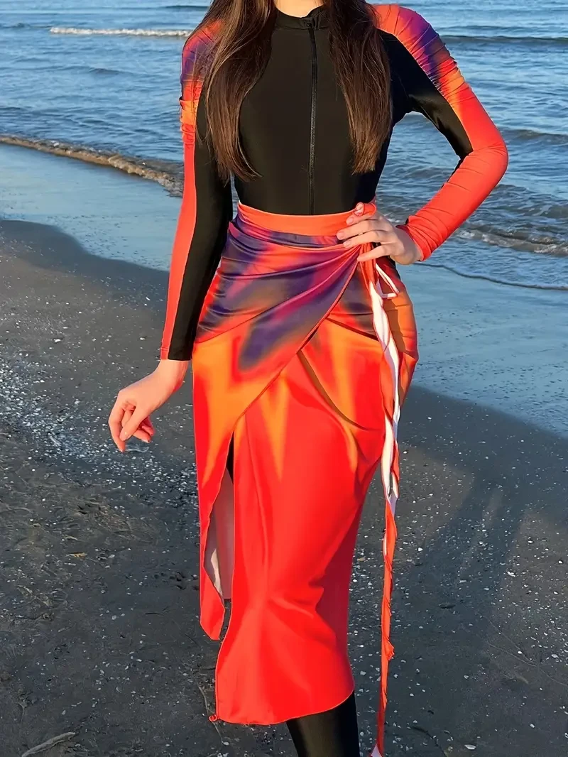 Women's 3-Piece Swimwear Set with Long Sleeve Flame-Print One-Piece, Side-Tie Cover-Up & Zippered Neckline – Chic Beach Ensemble