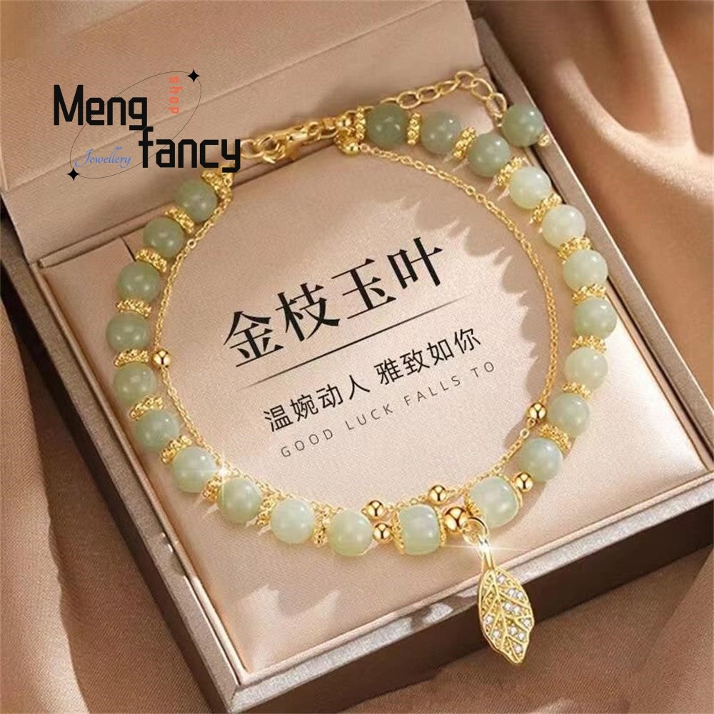 Natural Hetian Jasper Bracelet – Golden Branch & Jade Leaves for Women’s Fashion Jewelry