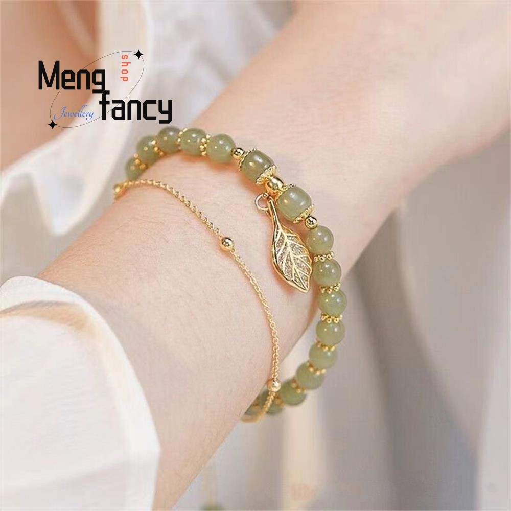 Natural Hetian Jasper Bracelet – Golden Branch & Jade Leaves Charm