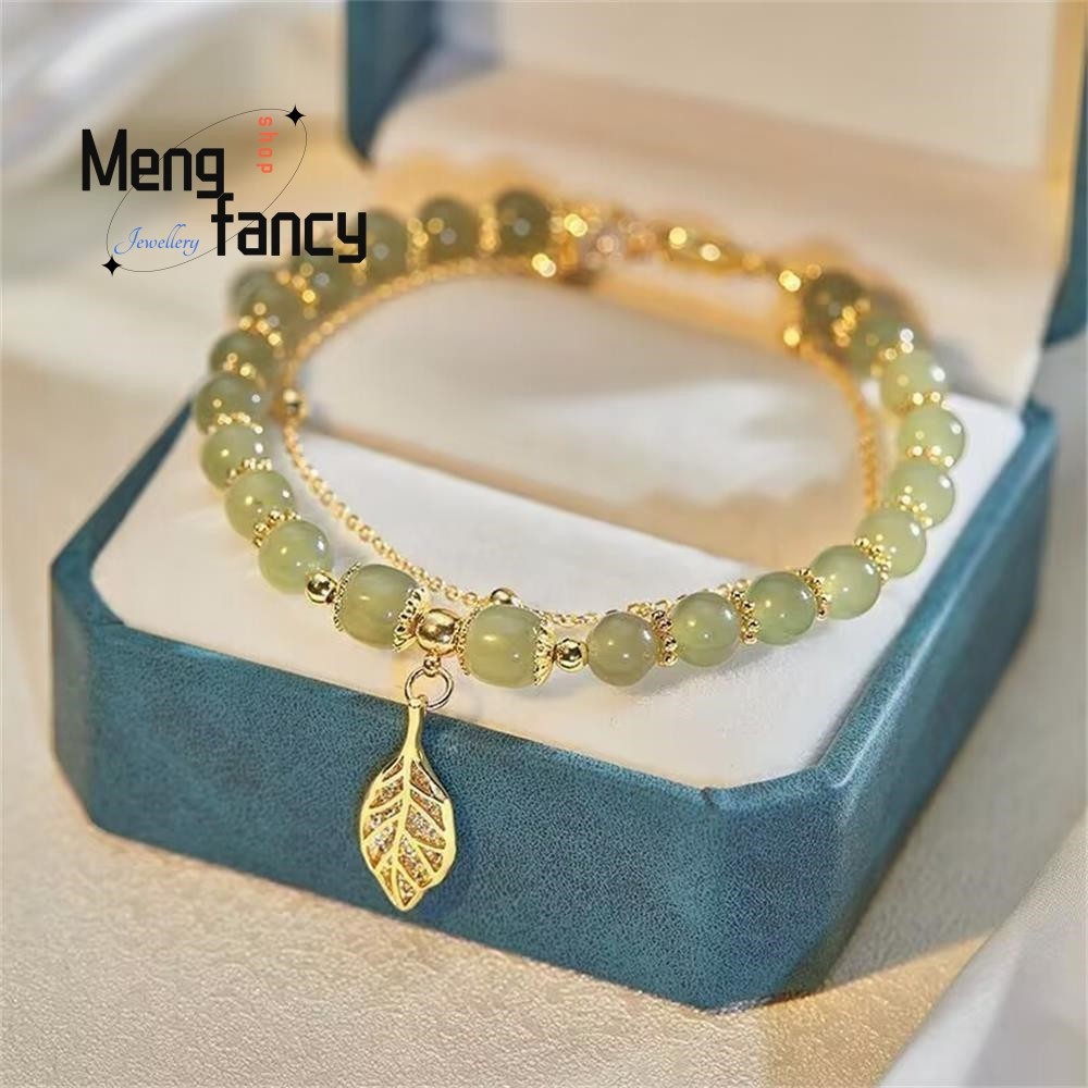 Natural Hetian Jasper Bracelet – Golden Branch & Jade Leaves Charm