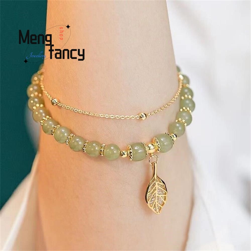 Natural Hetian Jasper Bracelet – Golden Branch & Jade Leaves Charm