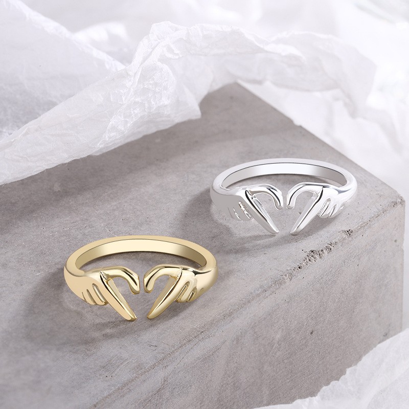 Romantic Heart & Hand Couple Ring – Silver Adjustable Open Ring for Lovers