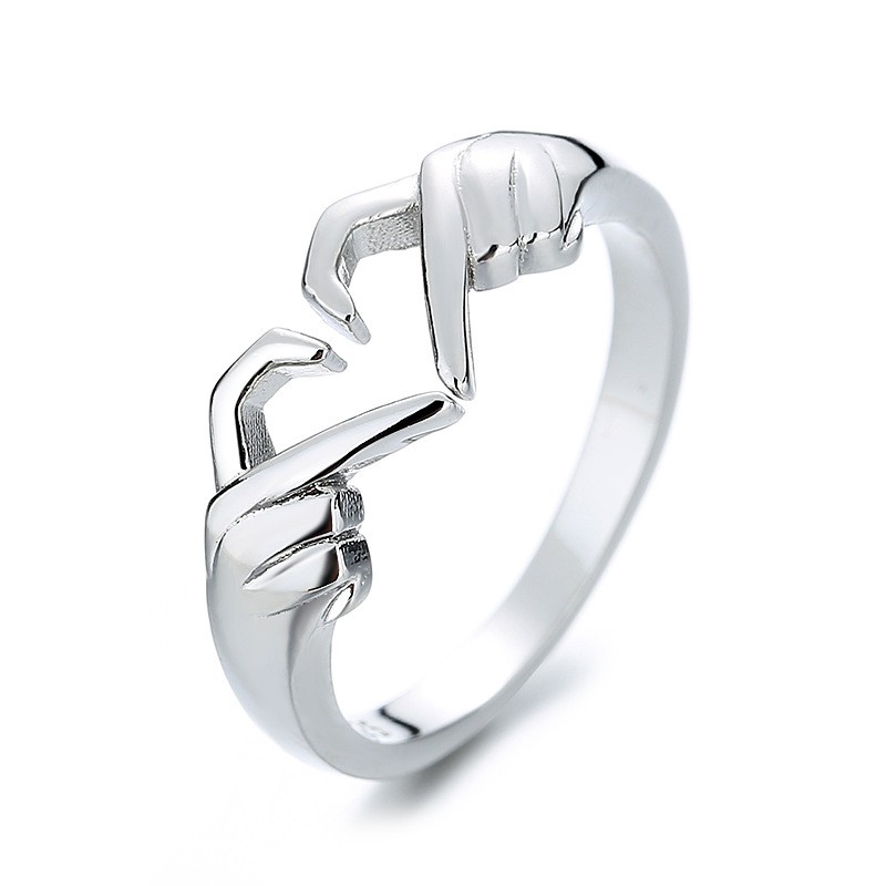 Romantic Heart & Hand Couple Ring – Silver Adjustable Open Ring for Lovers