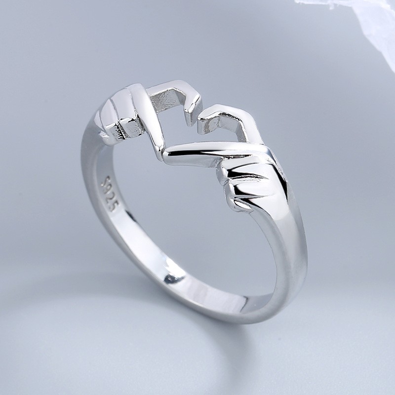 Romantic Heart & Hand Couple Ring – Silver Adjustable Open Ring for Lovers