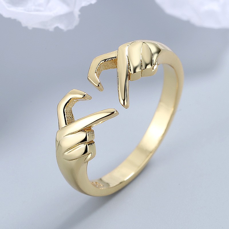 Romantic Heart & Hand Couple Ring – Silver Adjustable Open Ring for Lovers