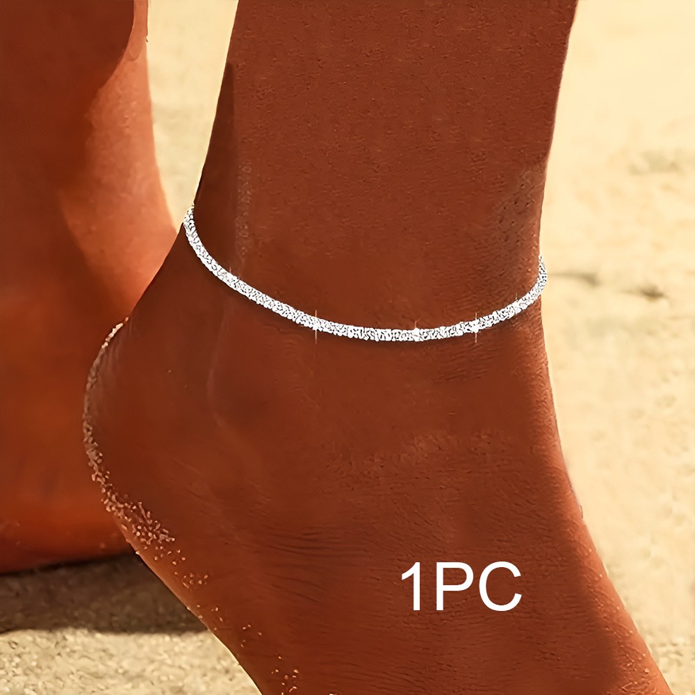 2PCS Sparkling Silver Anklet Set – Elegant Copper Ankle Bracelets for Women