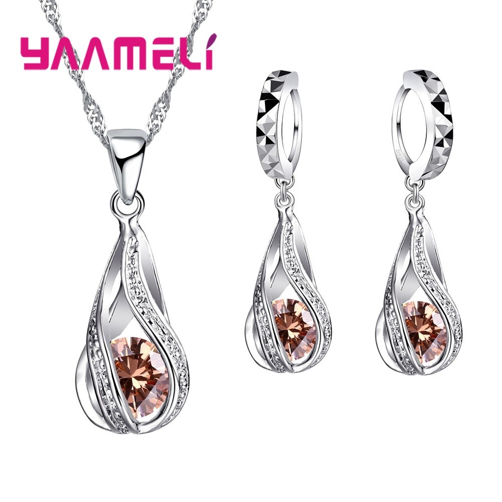 Water Drop CZ Sterling Silver Jewelry Set – Pendant Necklace & Hoop Earrings for Women