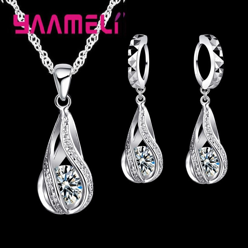 Water Drop CZ Sterling Silver Jewelry Set – Pendant Necklace & Hoop Earrings for Women