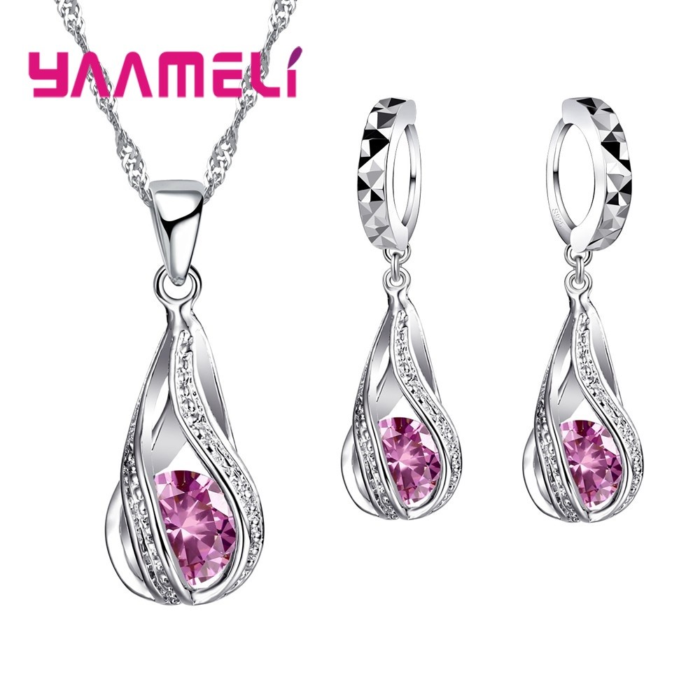 Water Drop CZ Sterling Silver Jewelry Set – Pendant Necklace & Hoop Earrings for Women