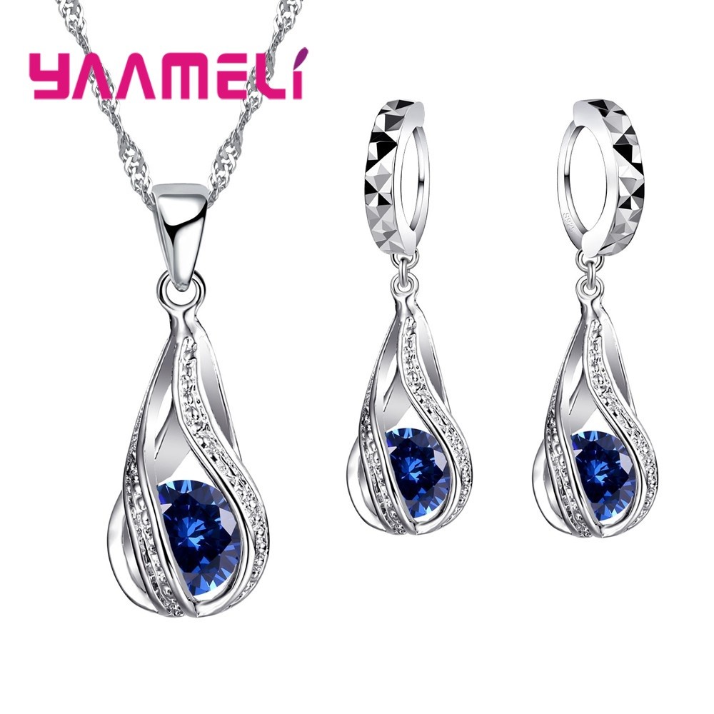 Water Drop CZ Sterling Silver Jewelry Set – Pendant Necklace & Hoop Earrings for Women