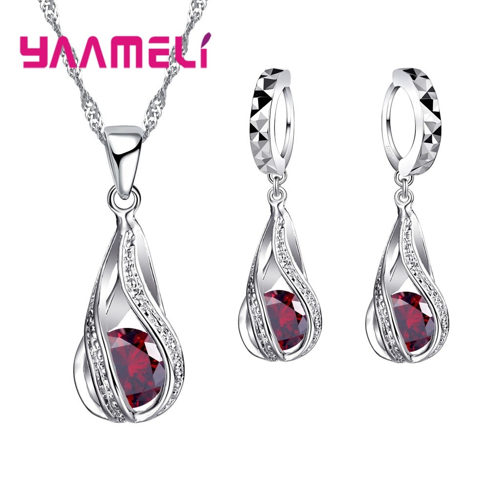 Water Drop CZ Sterling Silver Jewelry Set – Pendant Necklace & Hoop Earrings for Women