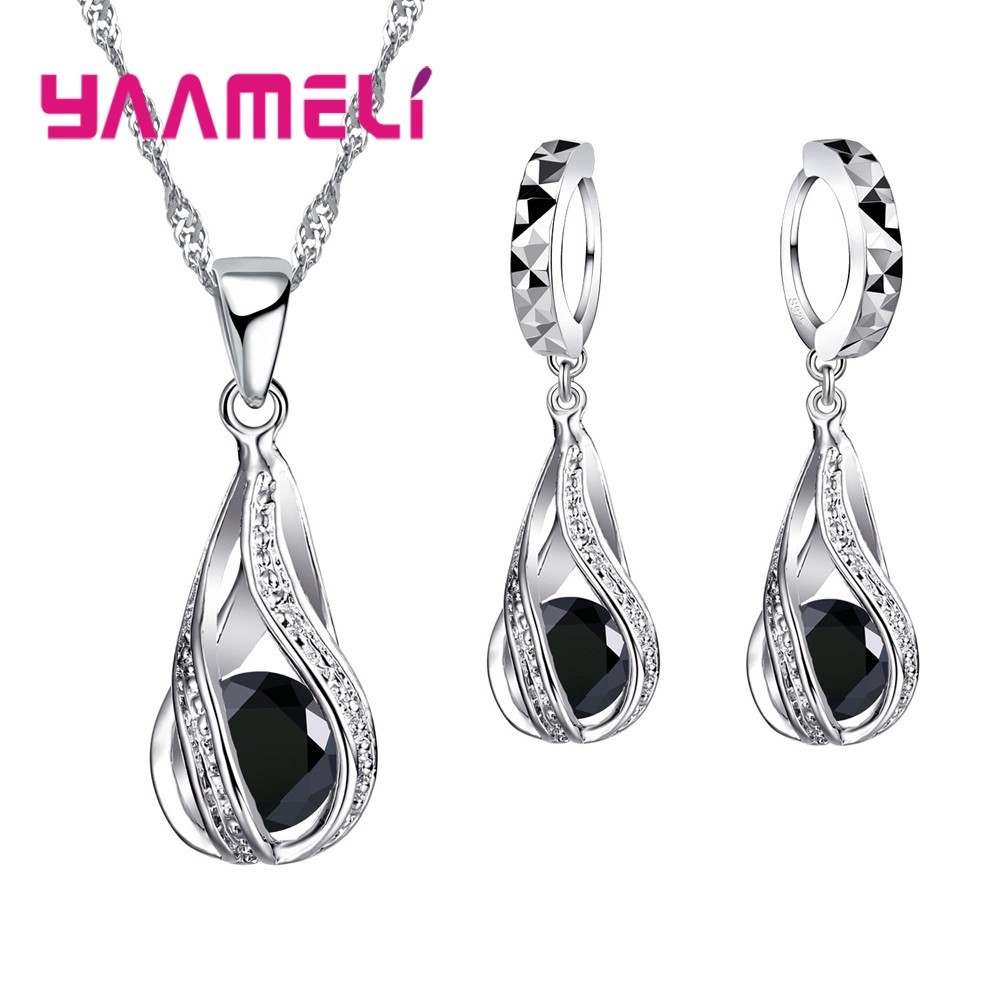 Water Drop CZ Sterling Silver Jewelry Set – Pendant Necklace & Hoop Earrings for Women