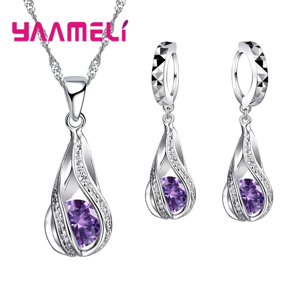 Water Drop CZ Sterling Silver Jewelry Set – Pendant Necklace & Hoop Earrings for Women