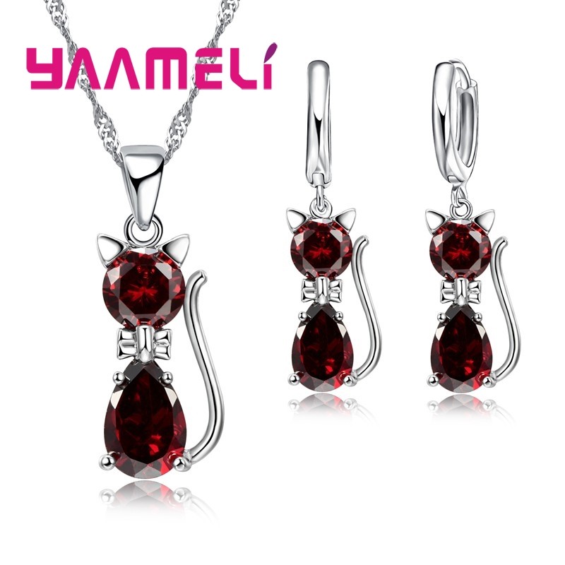 925 Sterling Silver Cat Jewelry Set – Austrian Crystal Necklace & Huggie Earrings for Women & Girls