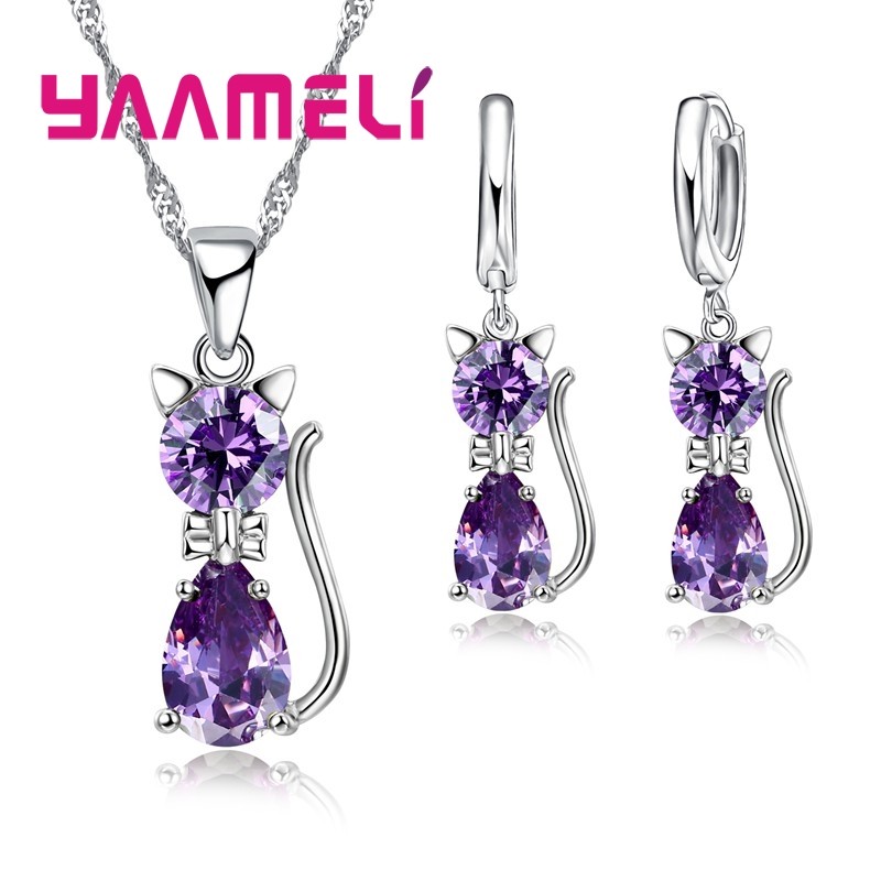 925 Sterling Silver Cat Jewelry Set – Austrian Crystal Necklace & Huggie Earrings for Women & Girls
