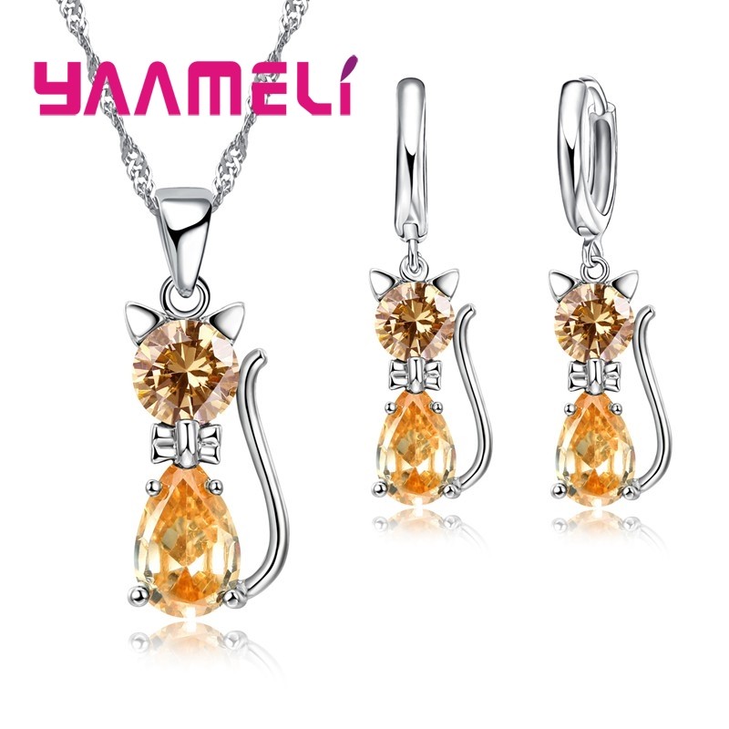 925 Sterling Silver Cat Jewelry Set – Austrian Crystal Necklace & Huggie Earrings for Women & Girls