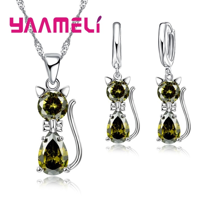 925 Sterling Silver Cat Jewelry Set – Austrian Crystal Necklace & Huggie Earrings for Women & Girls
