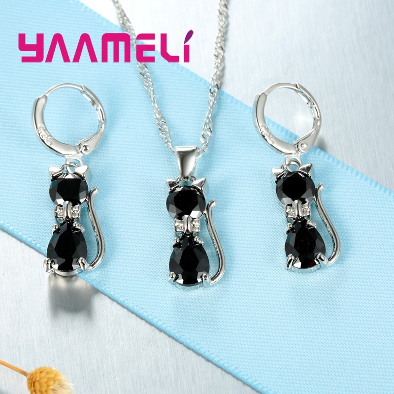 925 Sterling Silver Cat Jewelry Set – Austrian Crystal Necklace & Huggie Earrings for Women & Girls