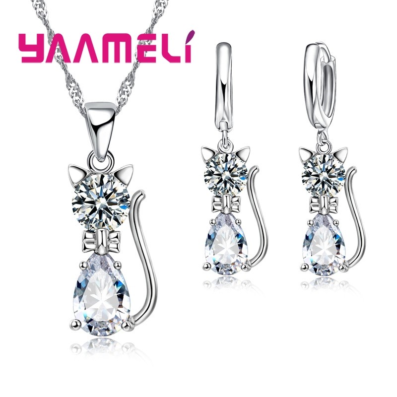 925 Sterling Silver Cat Jewelry Set – Austrian Crystal Necklace & Huggie Earrings for Women & Girls