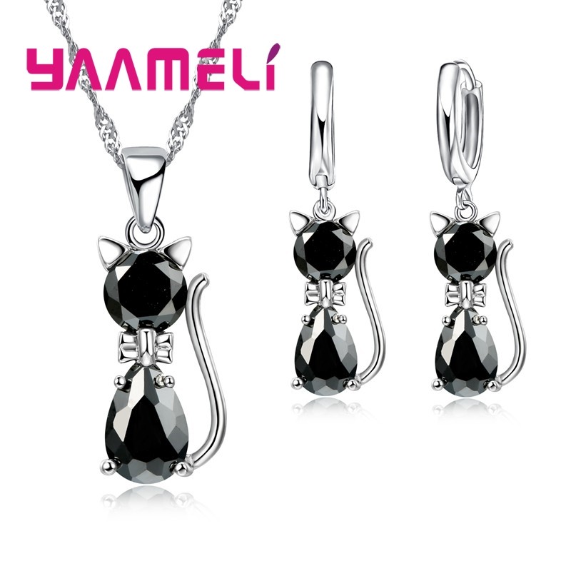925 Sterling Silver Cat Jewelry Set – Austrian Crystal Necklace & Huggie Earrings for Women & Girls