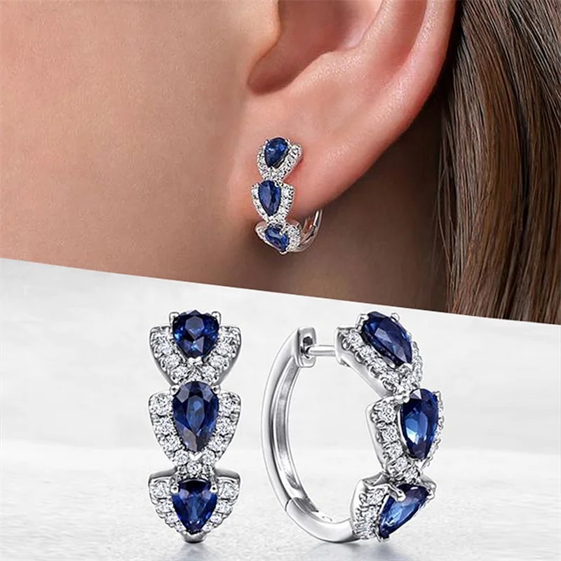 Huitan Luxury Blue CZ Hoop Earrings – Elegant Wedding & Party Jewelry for Women