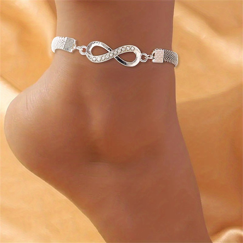 Shiny Infinity Anklet – Silver Rhinestone 8-Character Vintage Ankle Bracelet for Women