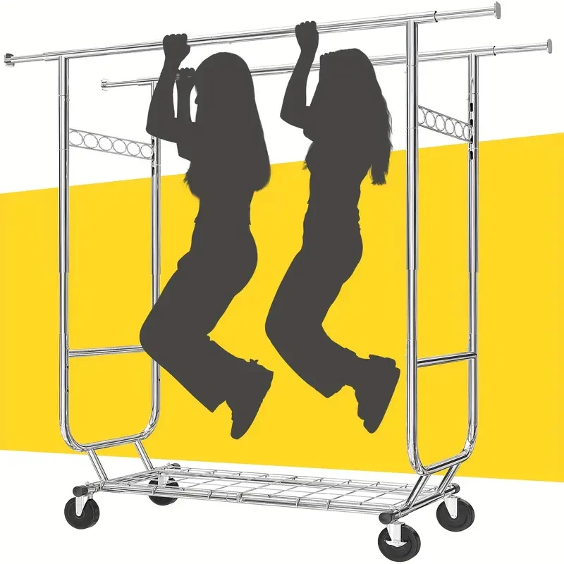 The Heavy-Duty Rolling Clothes Rack with Wheels provides a versatile, sturdy solution for organizing and displaying clothes. With a height-adjustable design, smooth-rolling wheels, and utility hooks, it’s perfect for everything from personal storage to re