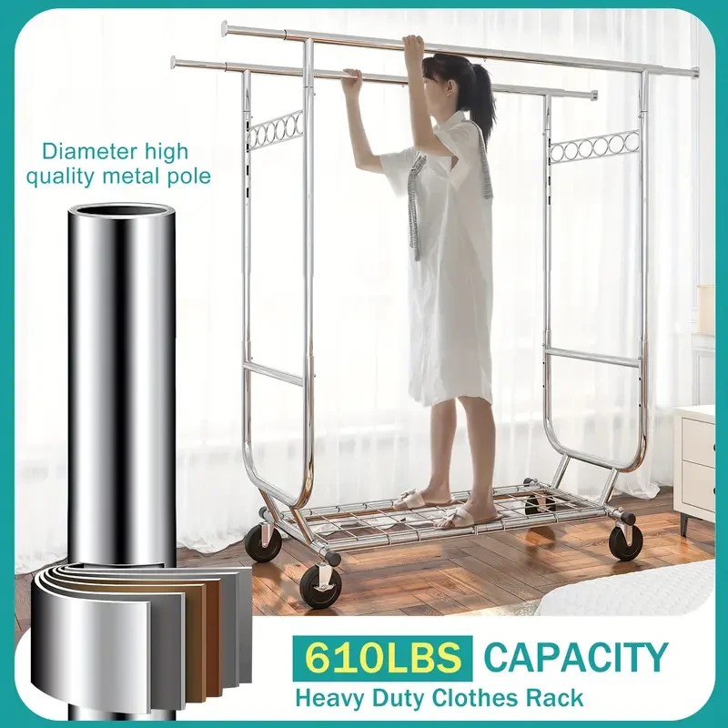 The Heavy-Duty Rolling Clothes Rack with Wheels provides a versatile, sturdy solution for organizing and displaying clothes. With a height-adjustable design, smooth-rolling wheels, and utility hooks, it’s perfect for everything from personal storage to re