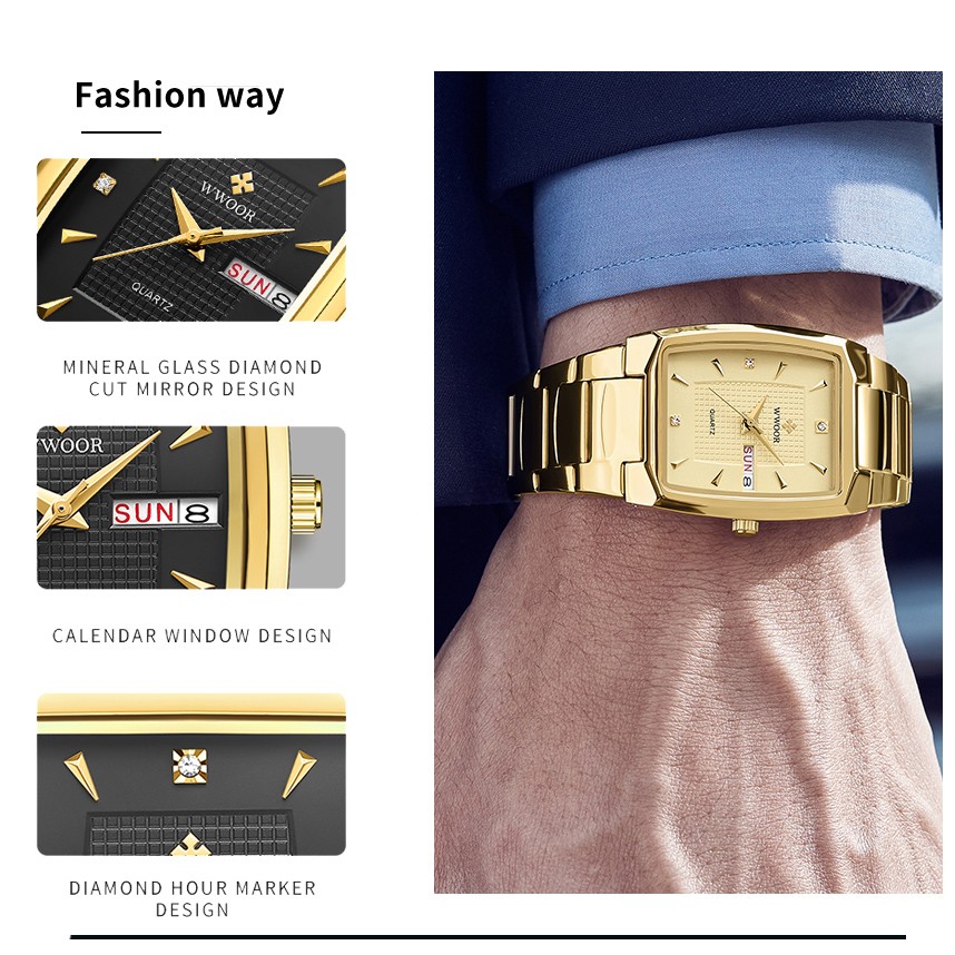 WWOOR 2024 Men’s Square Watch – Luxury Gold Stainless Steel Quartz Wristwatch