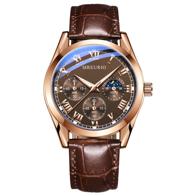 Business Men’s Watch – Faux Three-Eye Roman Numeral Dial with Leather Strap
