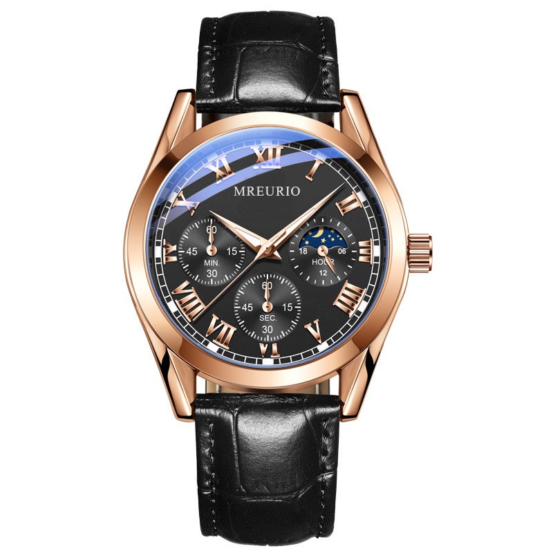 Business Men’s Watch – Faux Three-Eye Roman Numeral Dial with Leather Strap