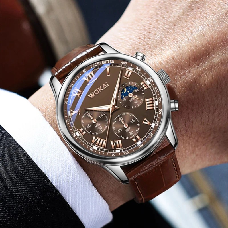 Business Men’s Watch – Faux Three-Eye Roman Numeral Dial with Leather Strap