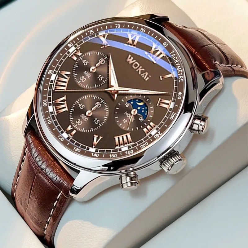 Business Men’s Watch – Faux Three-Eye Roman Numeral Dial with Leather Strap
