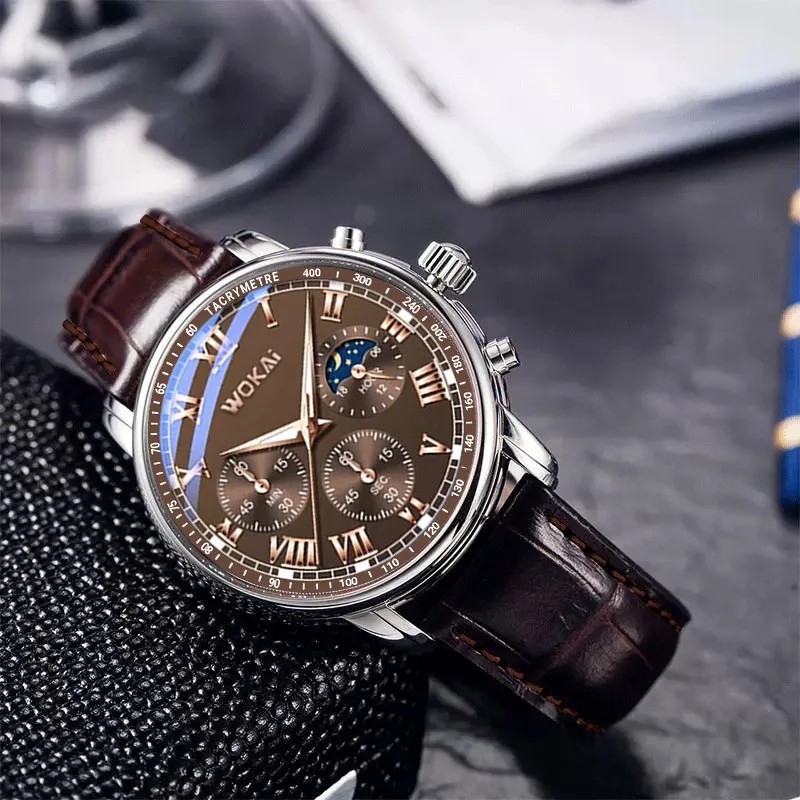 Business Men’s Watch – Faux Three-Eye Roman Numeral Dial with Leather Strap