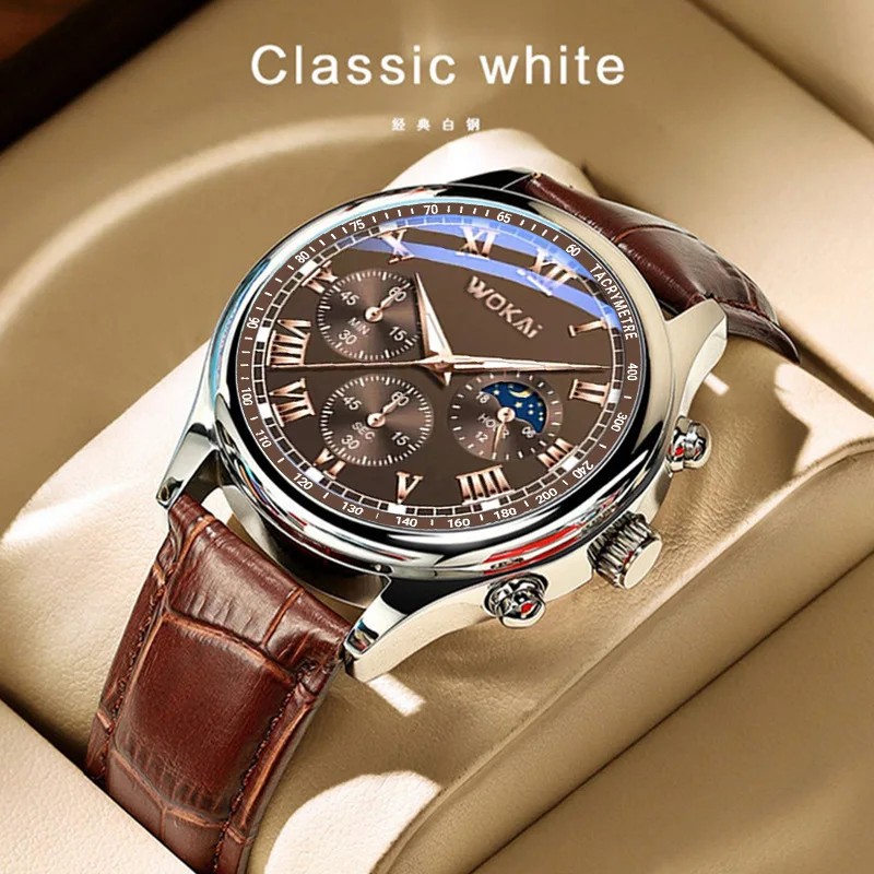 Business Men’s Watch – Faux Three-Eye Roman Numeral Dial with Leather Strap