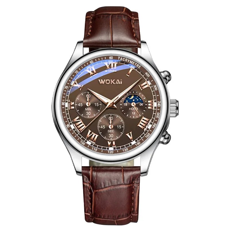 Business Men’s Watch – Faux Three-Eye Roman Numeral Dial with Leather Strap