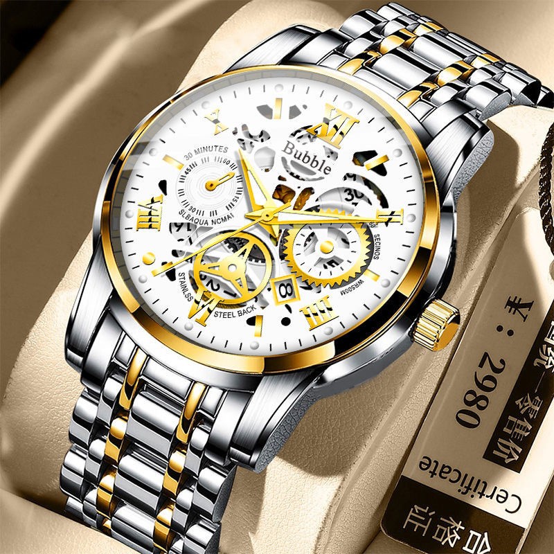 UTHAI Men's Luxury Quartz Watch – Versatile Waterproof Roman Hollow Dial