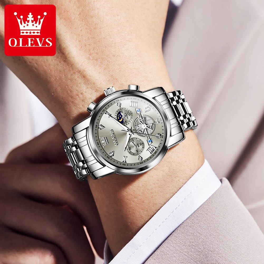 OLEVS Men’s Classic Multifunction Quartz Watch – Flywheel Chronograph with Moon Phase & 24-Hour Display