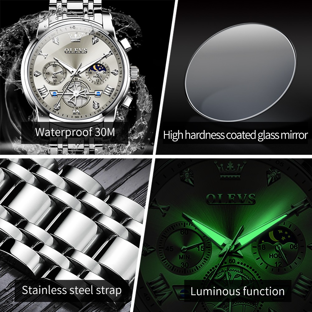 OLEVS Men’s Classic Multifunction Quartz Watch – Flywheel Chronograph with Moon Phase & 24-Hour Display