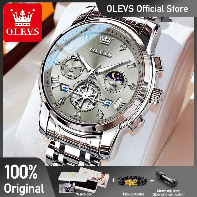 OLEVS Men’s Classic Multifunction Quartz Watch – Flywheel Chronograph with Moon Phase & 24-Hour Display
