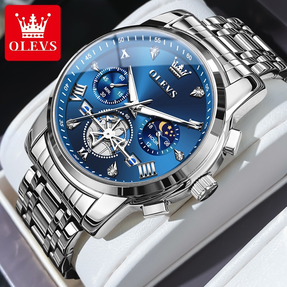 OLEVS Men’s Classic Multifunction Quartz Watch – Flywheel Chronograph with Moon Phase & 24-Hour Display