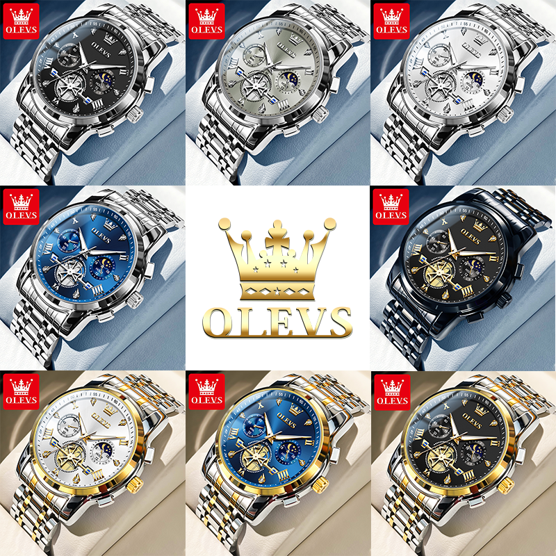 OLEVS Men’s Classic Multifunction Quartz Watch – Flywheel Chronograph with Moon Phase & 24-Hour Display