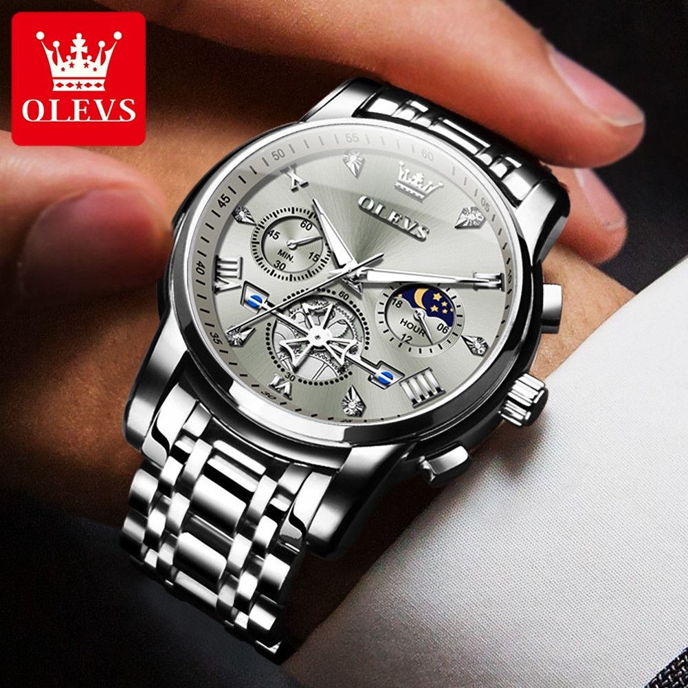 OLEVS Men’s Classic Multifunction Quartz Watch – Flywheel Chronograph with Moon Phase & 24-Hour Display