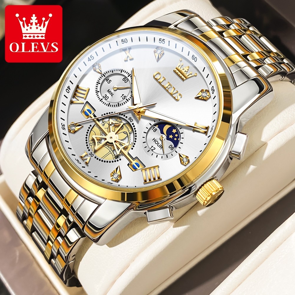 OLEVS Men’s Classic Multifunction Quartz Watch – Flywheel Chronograph with Moon Phase & 24-Hour Display