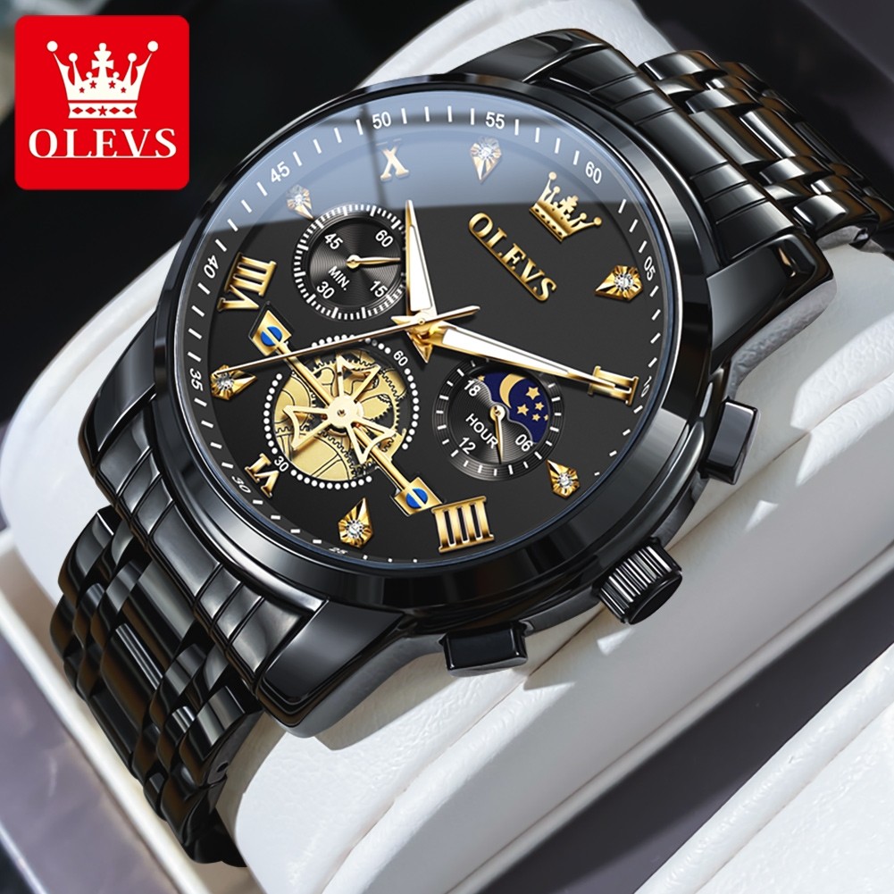 OLEVS Men’s Classic Multifunction Quartz Watch – Flywheel Chronograph with Moon Phase & 24-Hour Display