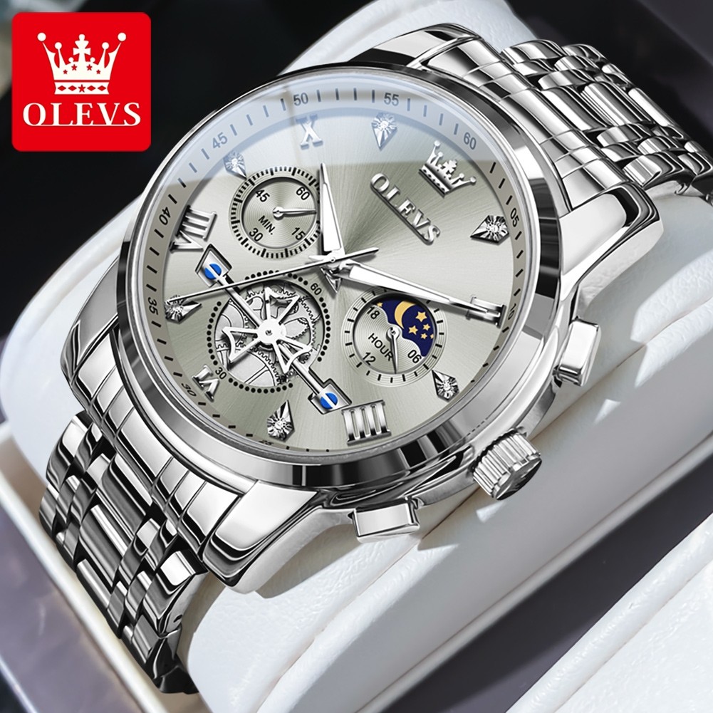 OLEVS Men’s Classic Multifunction Quartz Watch – Flywheel Chronograph with Moon Phase & 24-Hour Display