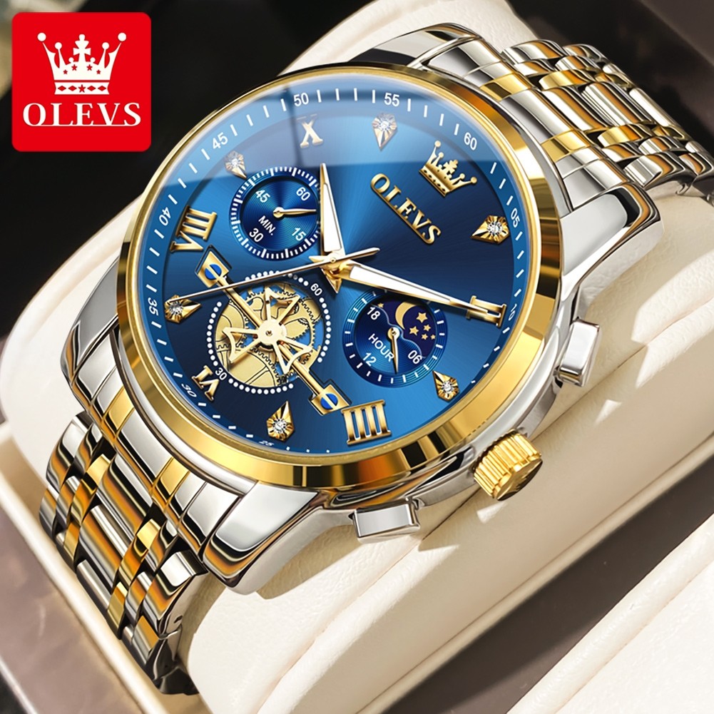 OLEVS Men’s Classic Multifunction Quartz Watch – Flywheel Chronograph with Moon Phase & 24-Hour Display