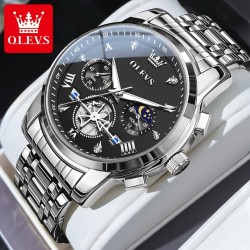 OLEVS Men’s Classic Multifunction Quartz Watch – Flywheel Chronograph with Moon Phase & 24-Hour Display